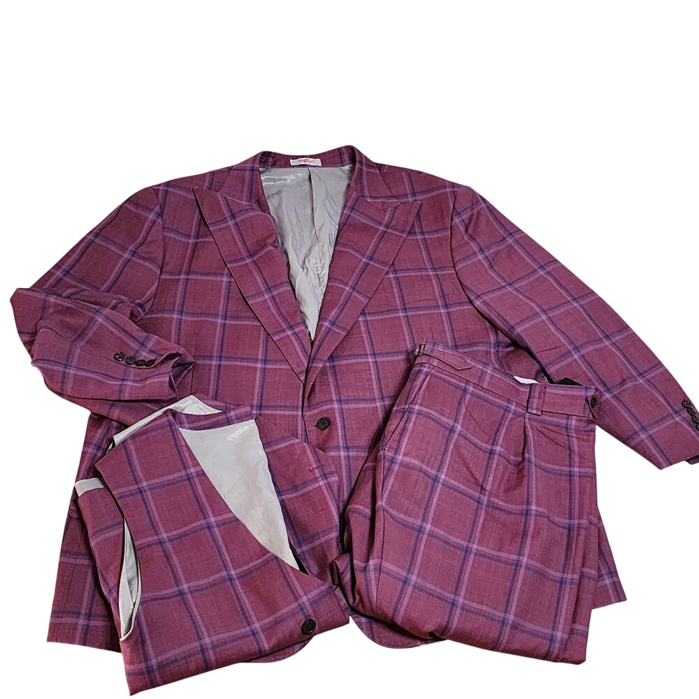 Tiglio Rosso Suit Mens 60L 46x26 Purple Plaid 3 Piece Wool Vest Classic Fit